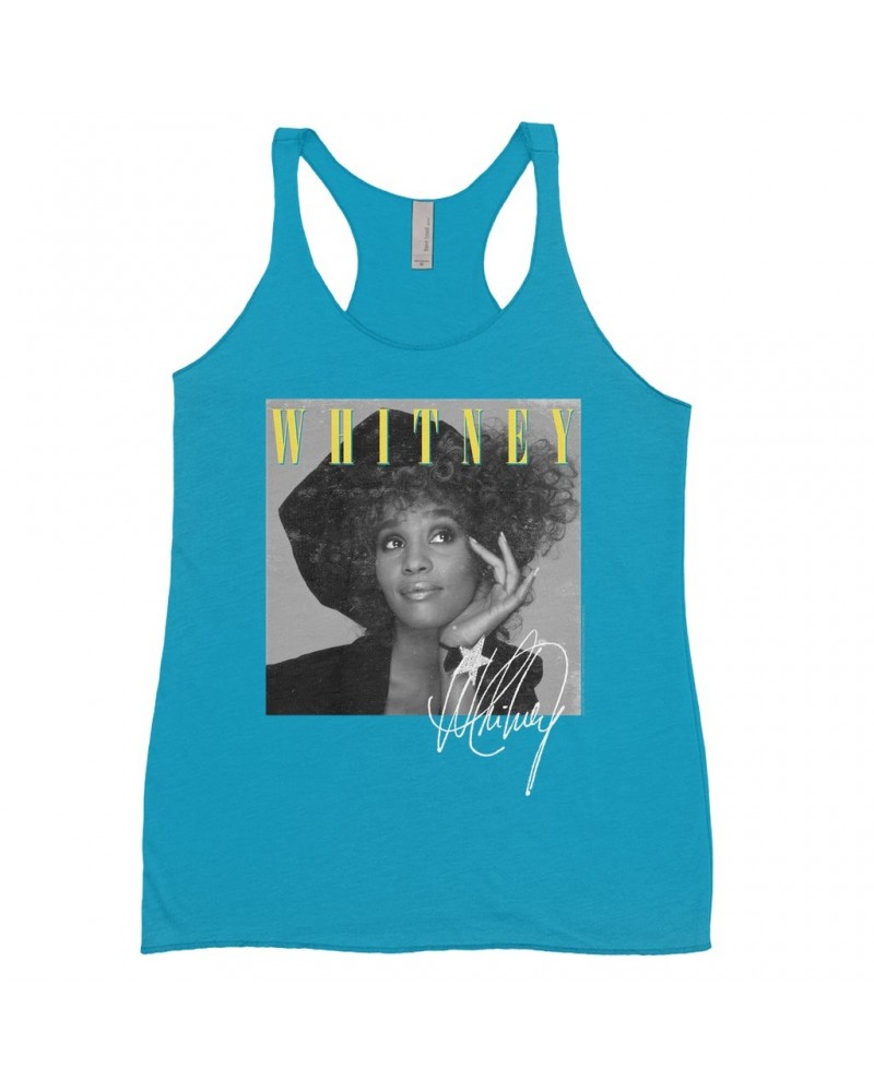 Whitney Houston Bold Colored Racerback Tank | Whitney Black And White Star Photo With Logo Distressed Shirt $13.85 Shirts