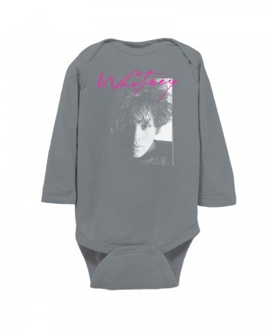 Whitney Houston Long Sleeve Bodysuit | Dramatic Lighting Photo And Pink Signature Image Bodysuit $6.52 Shirts